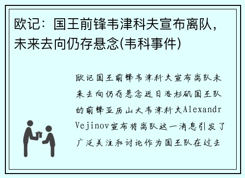 欧记：国王前锋韦津科夫宣布离队，未来去向仍存悬念(韦科事件)