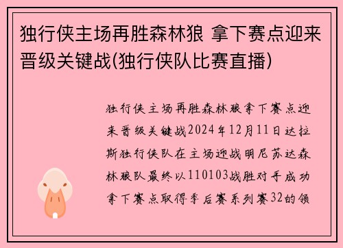 独行侠主场再胜森林狼 拿下赛点迎来晋级关键战(独行侠队比赛直播)